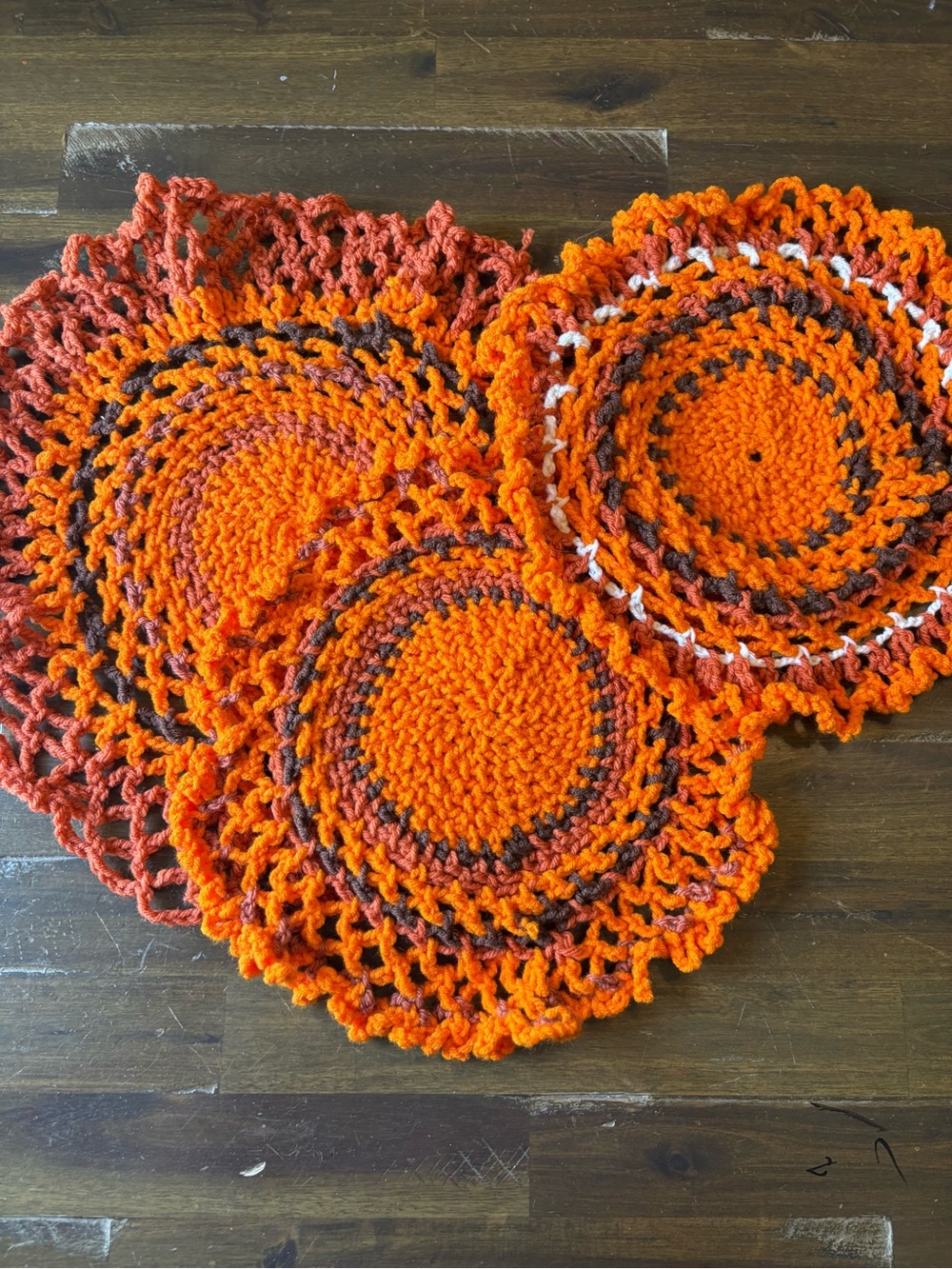 Vintage Crochet Doilies Handmade Orange Brown Fall Granny Cottage Grandmacore